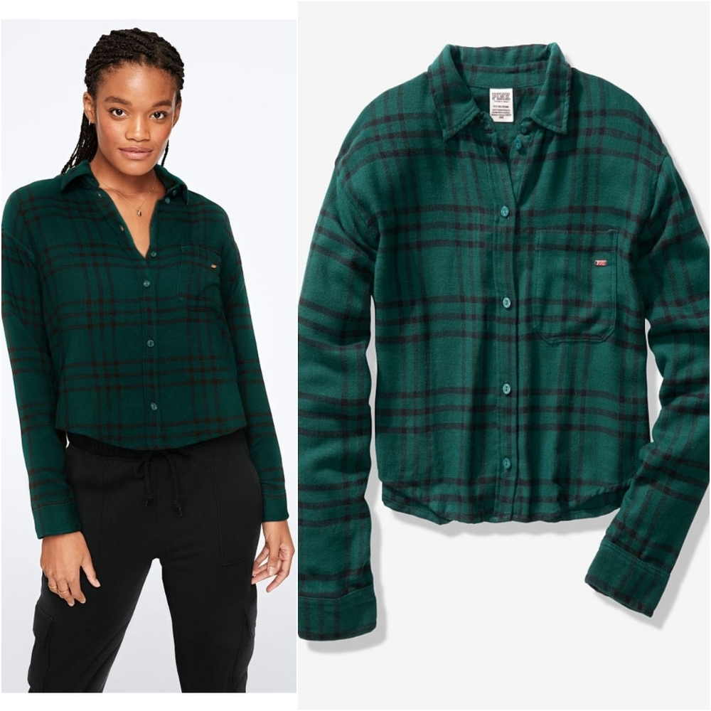 NEW VS PINK Cropped Flannel Shirt in Dark Ivy